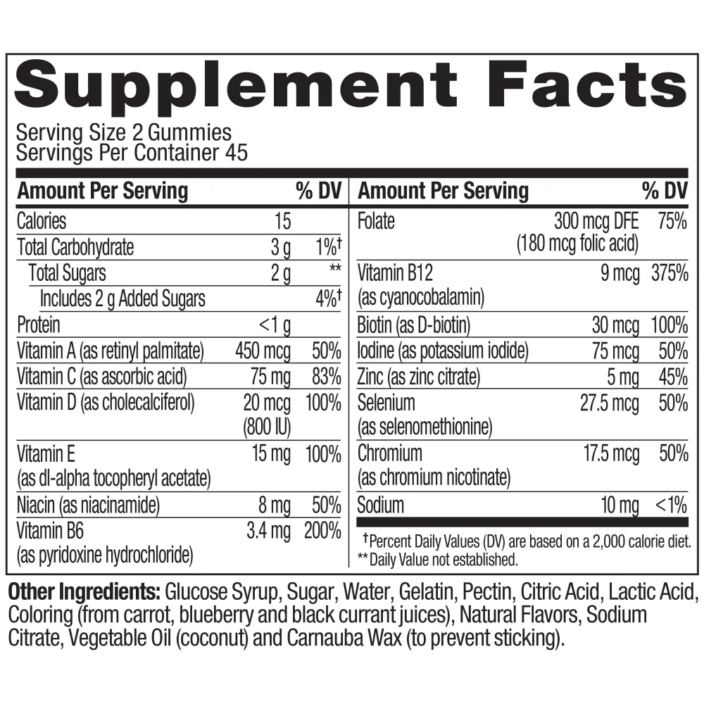 Supplement Facts panel for OLLY Men's Multi: serving size 2 gummies, 45 servings per container, with vitamins A, C, D, E, B6, B12, folate, biotin, niacin, iodine, zinc, selenium and chromium